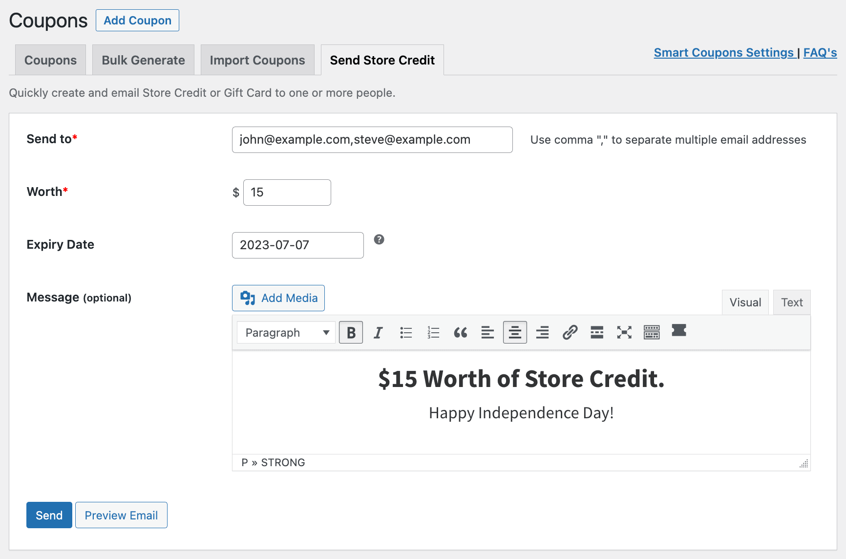 sending store credit via email with Smart Coupons