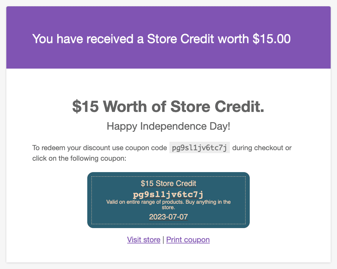 store credit received in email