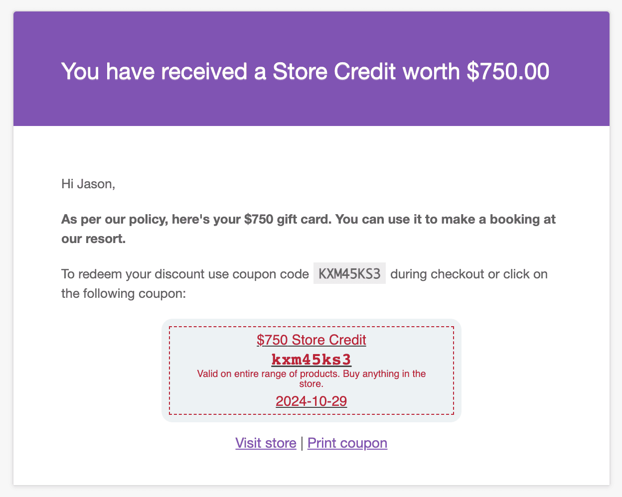 store credit in email