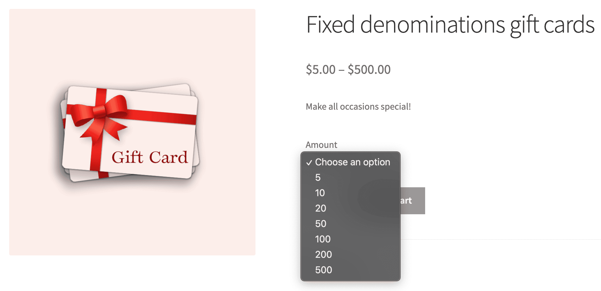 WooCommerce fixed denominations gift card