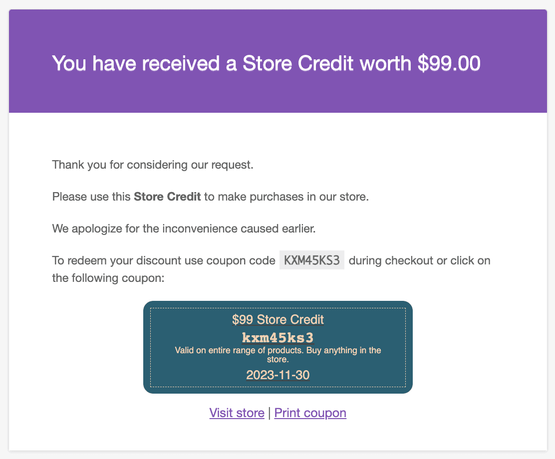 store credit for refund in email