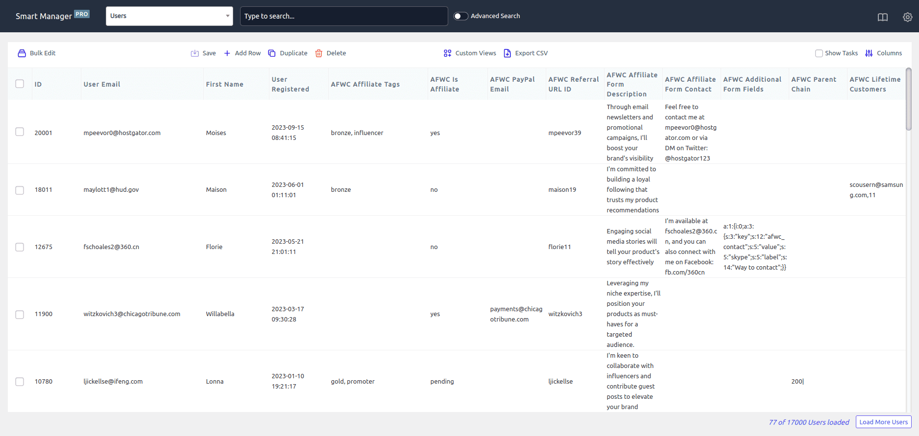 Smart Manager manage Affiliate for WooCommerce fields