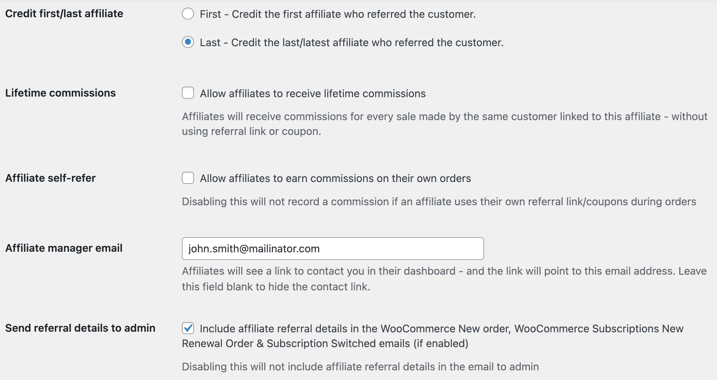 Affiliate for WooCommerce settings for custom page first last affiliate credit