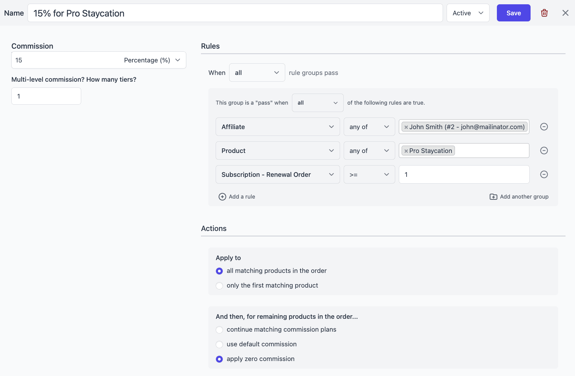 commission plan for membership based subscription product renewal