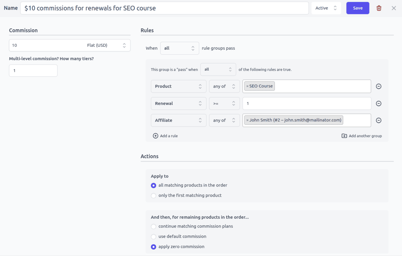 commission plan for renewal for specific product and affiliate