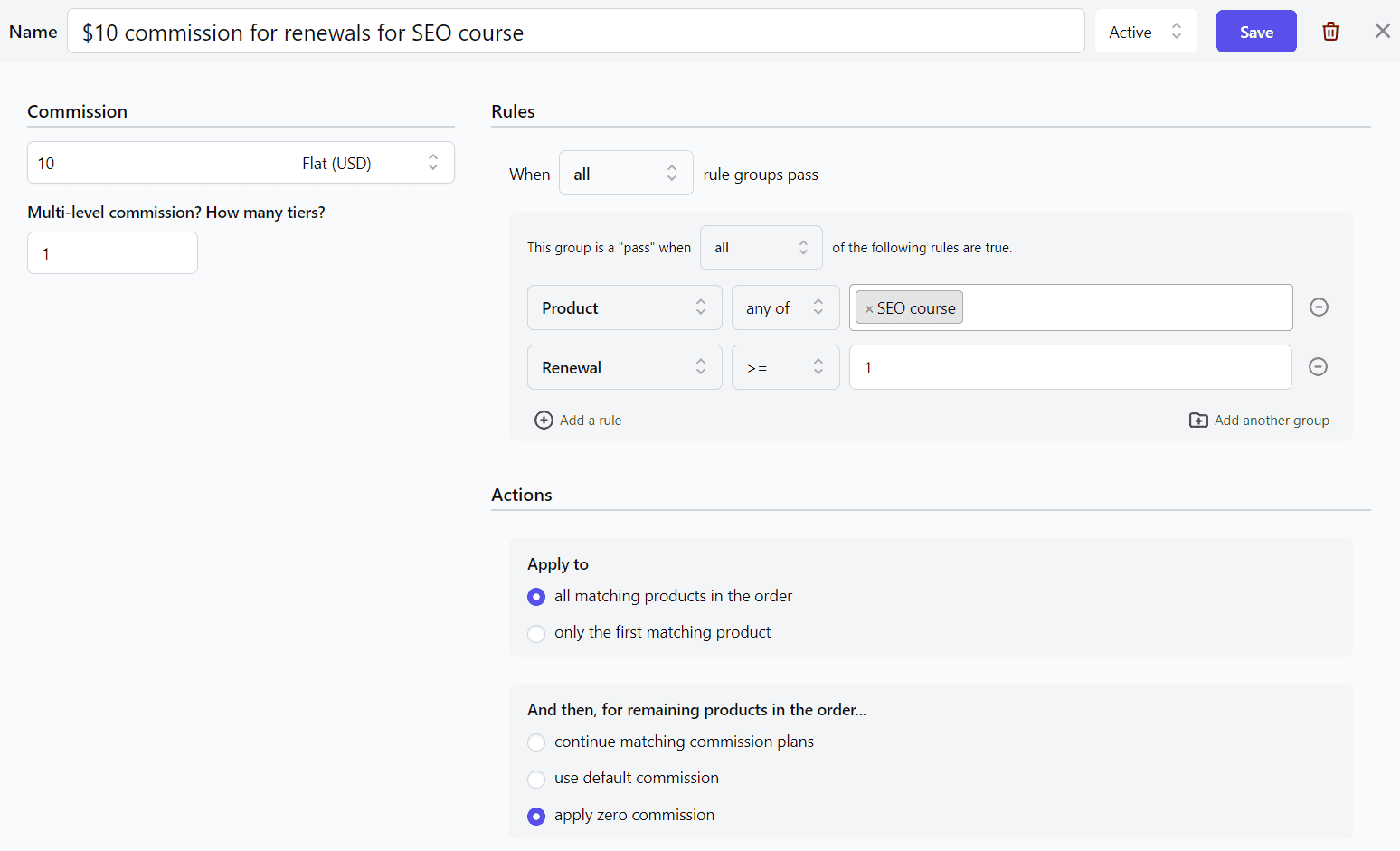 different commission rate for renewal order for product