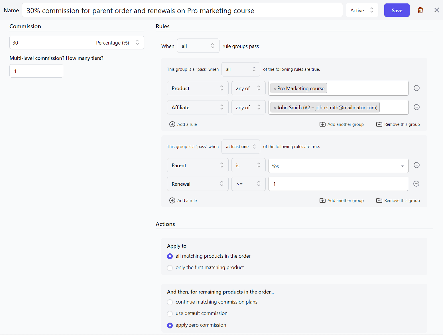 same commission for parent order and renewals on product or category for affiliate