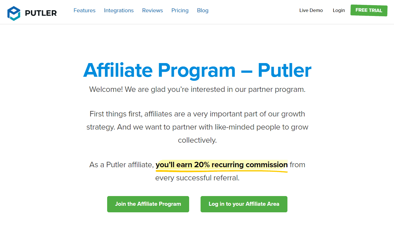 Putler affiliate program page
