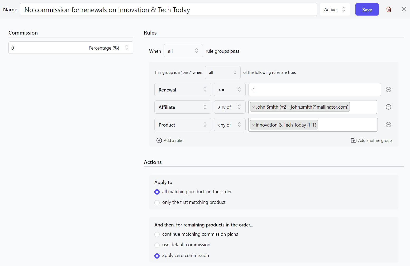 no commission for renewals on specific product