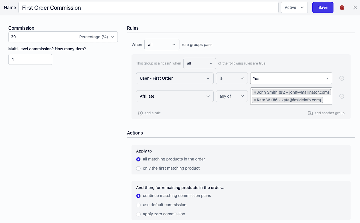 first order commission only to specific affiliates