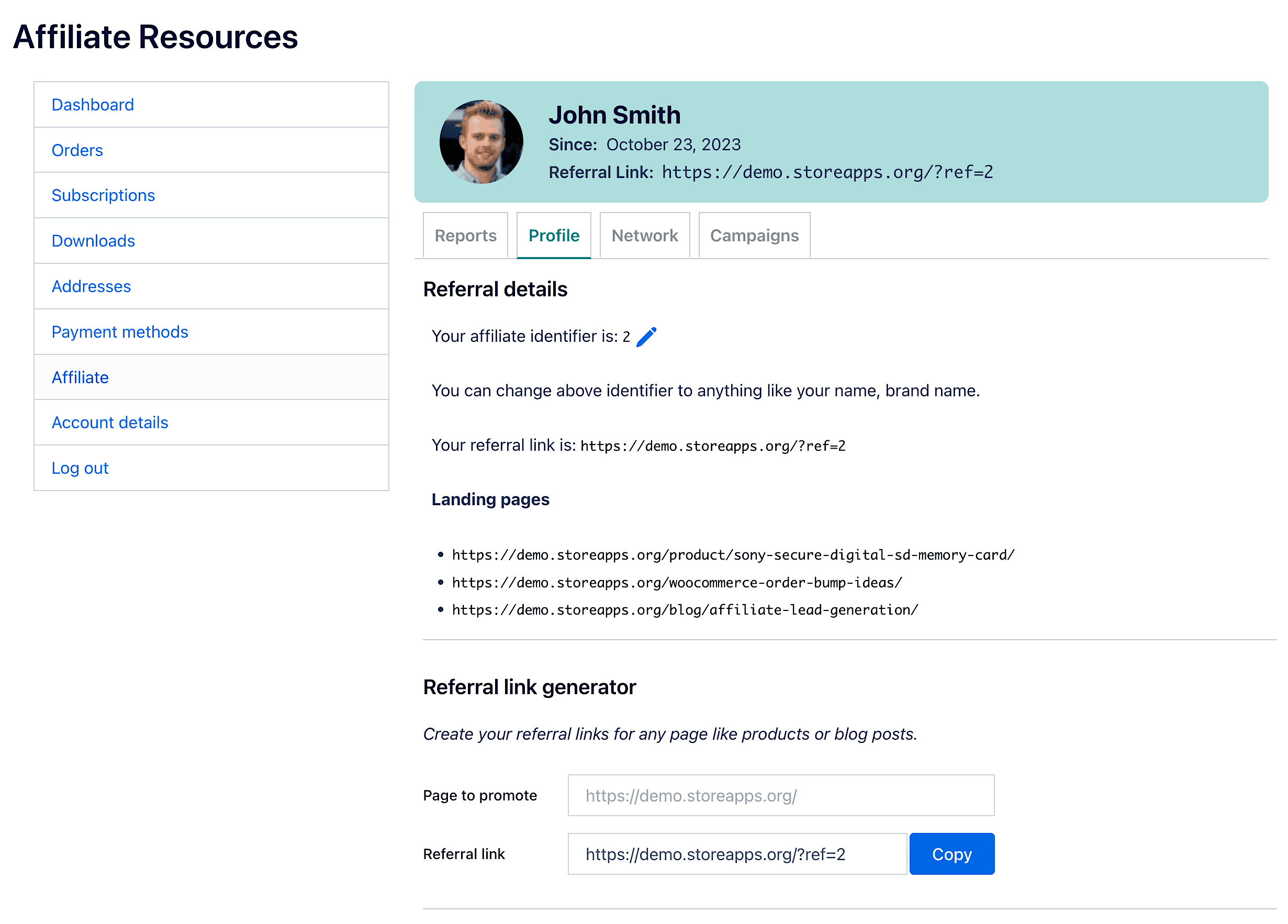 affiliate landing pages in my account