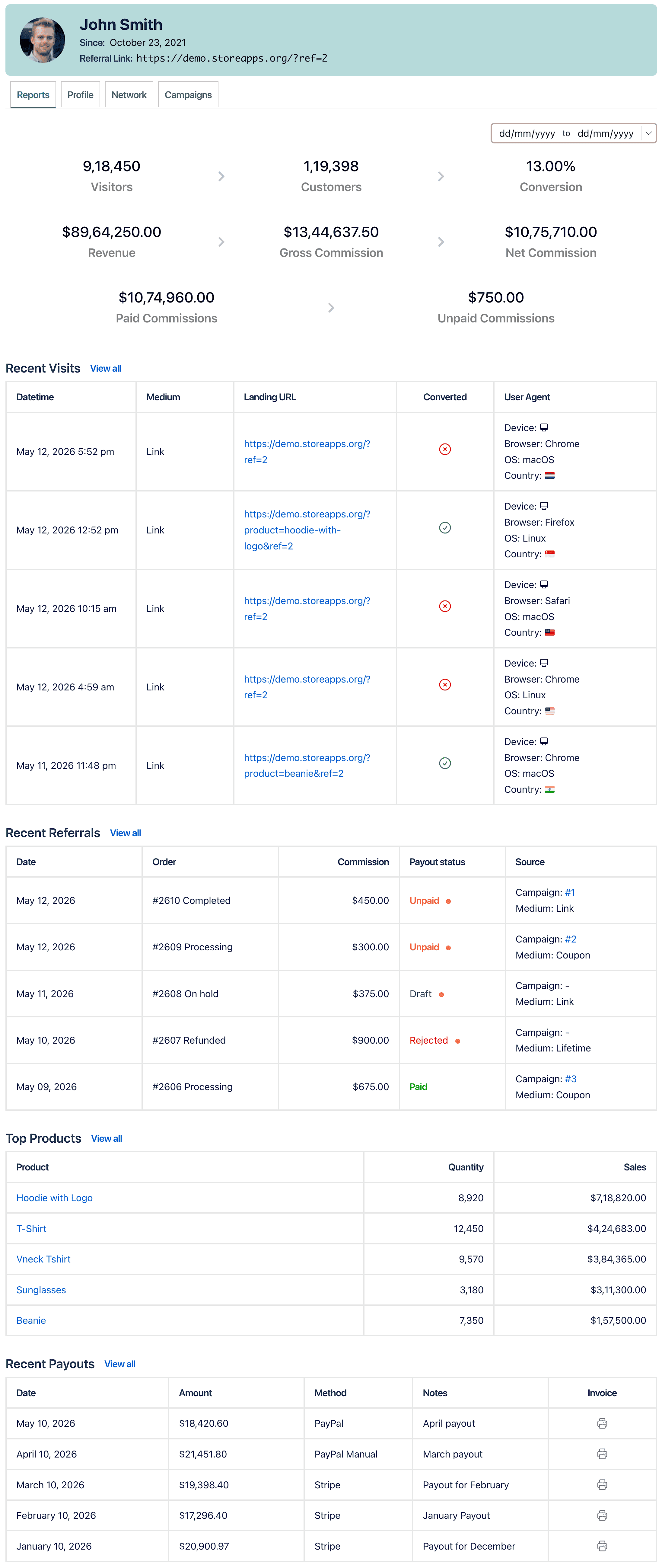 affiliates dashboard under my account