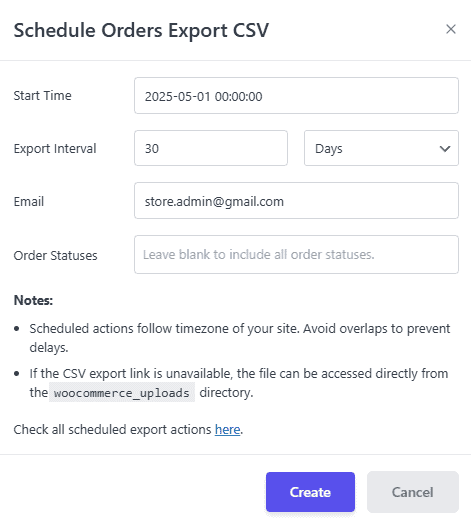 orders export scheduling dialog