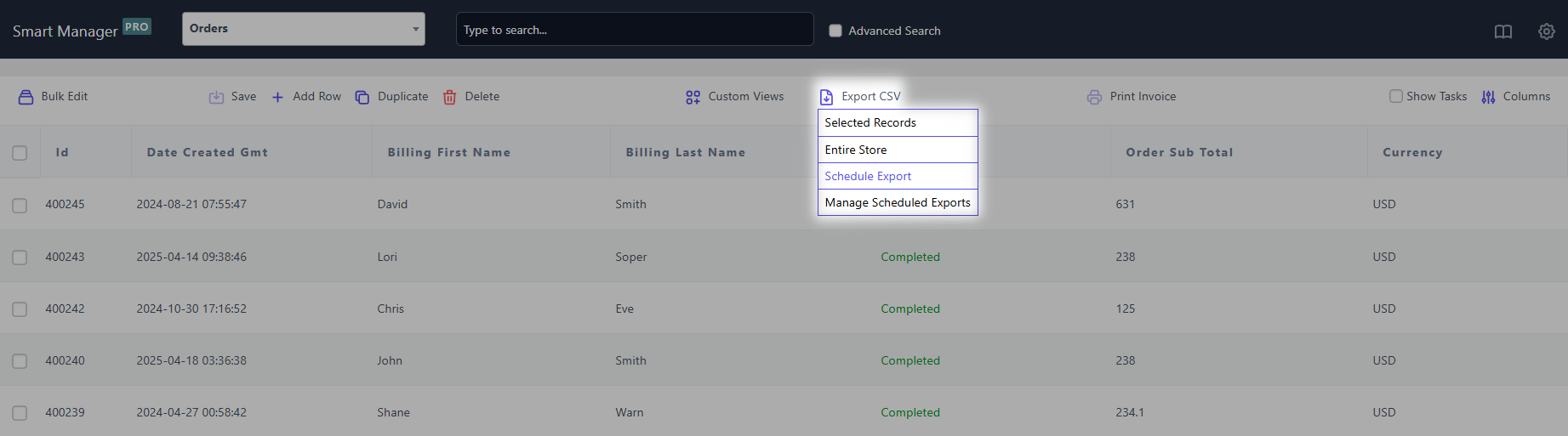 Smart Manager automate WooCommerce orders export scheduling option