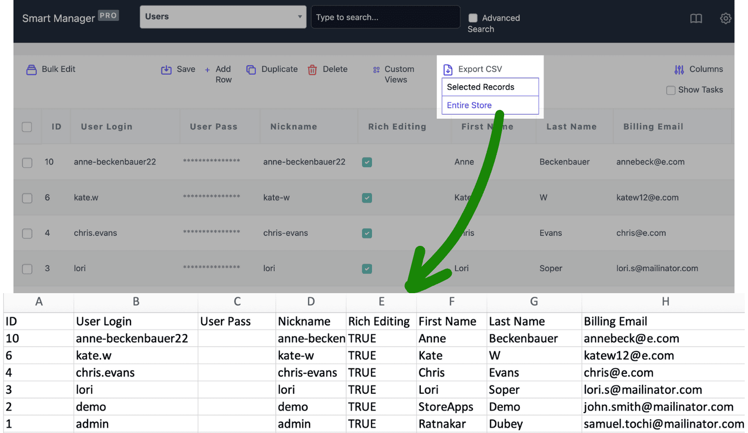 Export all customers and users data