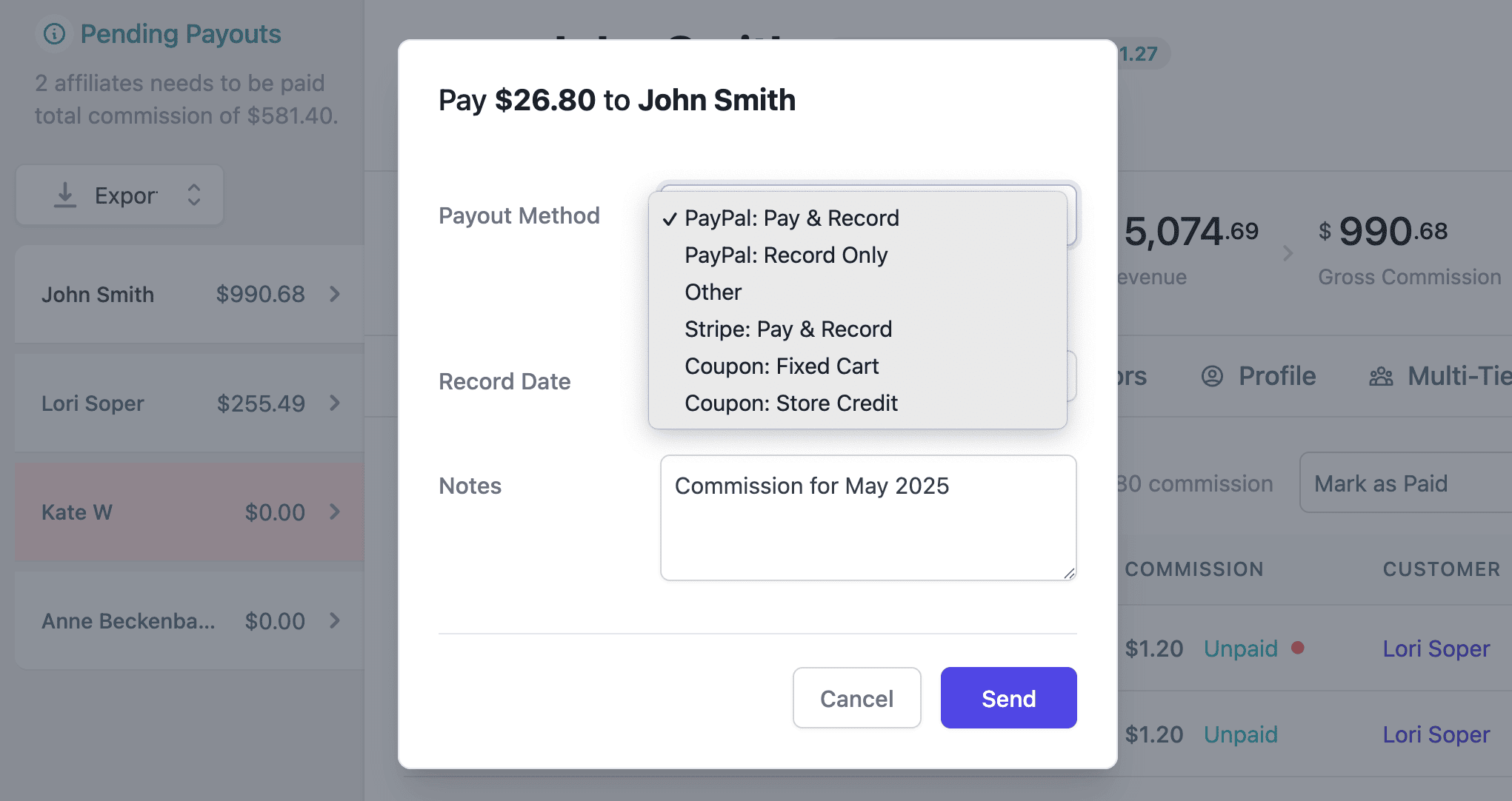 Affiliate for WooCommerce payout options