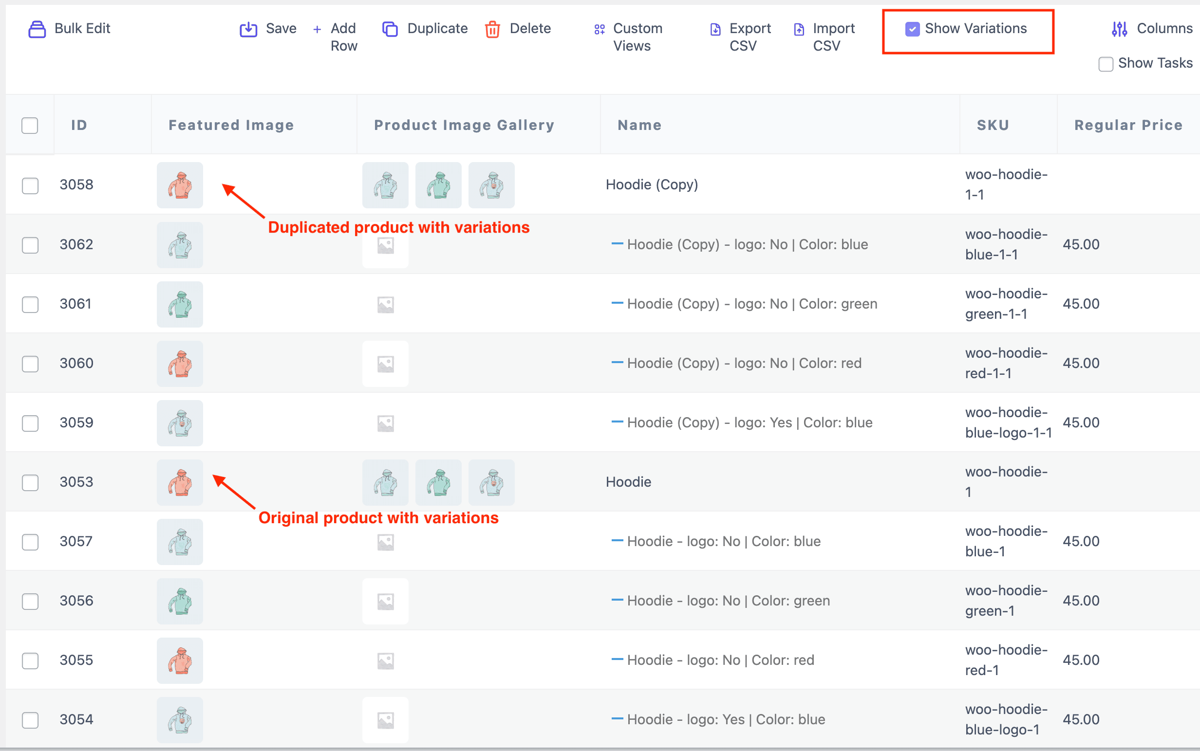 Duplicate variable product
