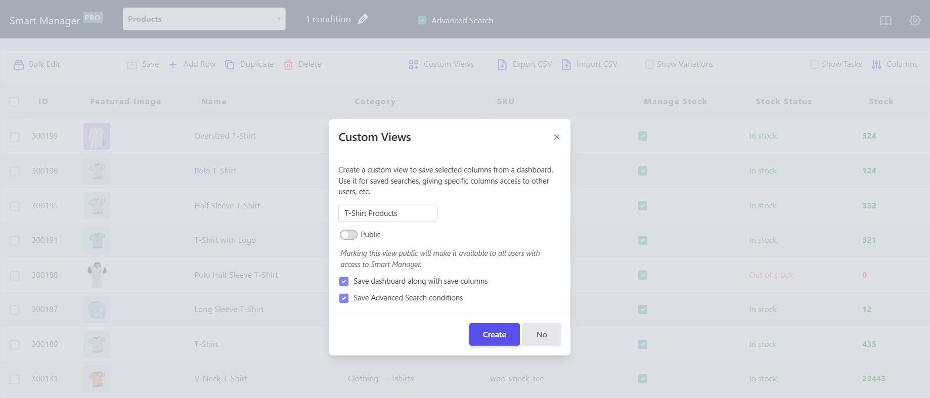 smart manager custom view for WooCommerce products filtered by category
