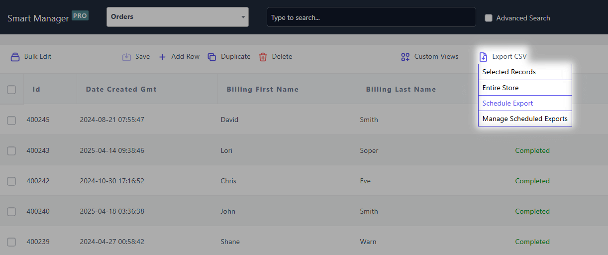 Schedule Export CSV options for WooCommerce Orders dashboard