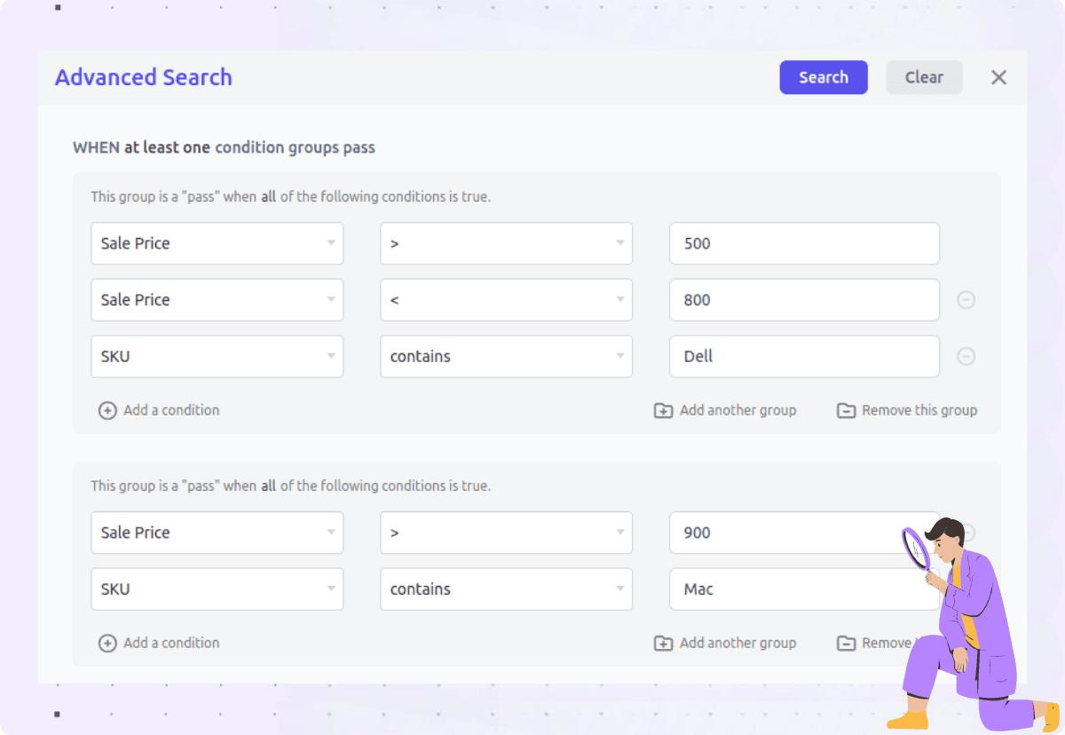 stock manager advanced search filters