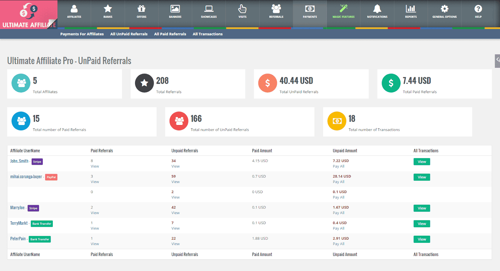 ultimate affiliate pro plugin dashboard