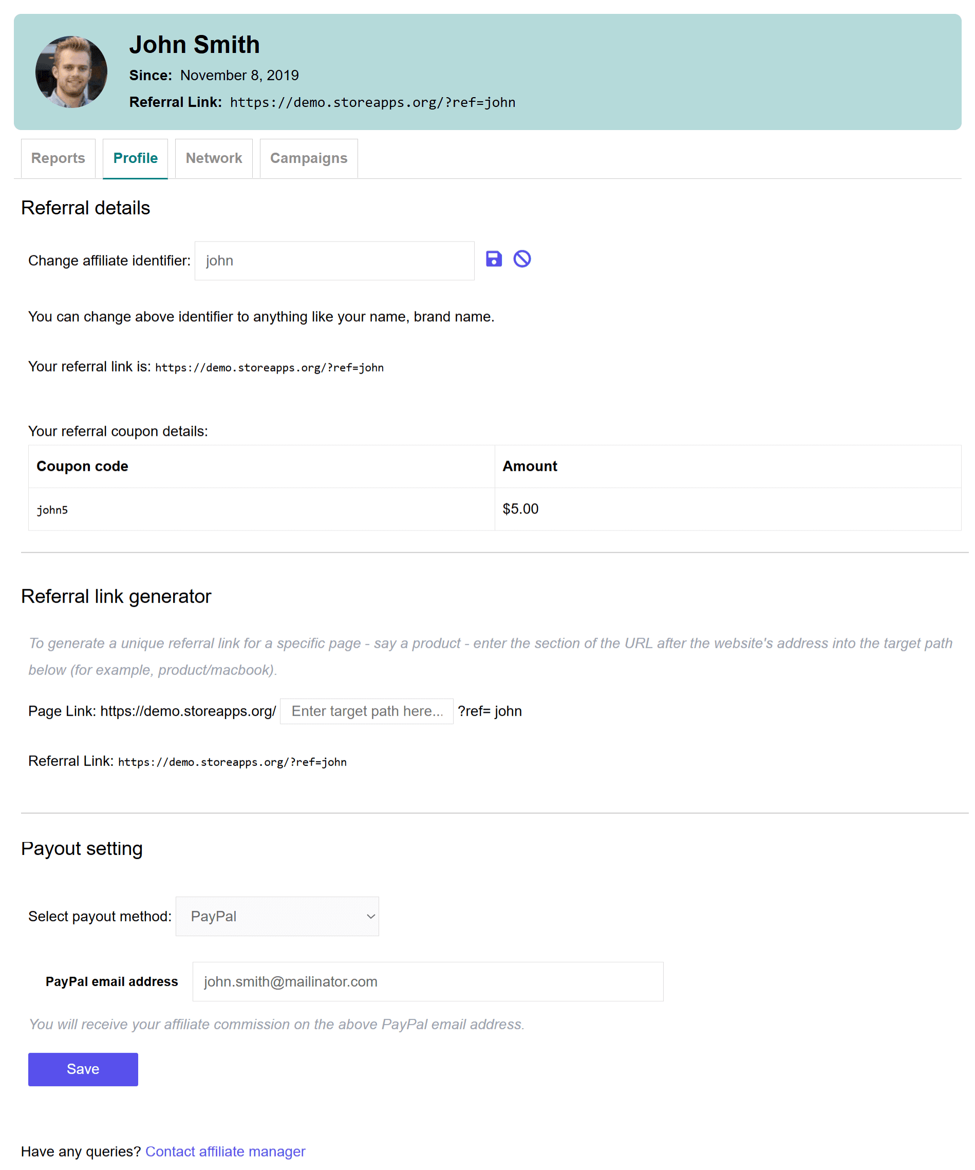 affiliate profile coupon code referral link and other details