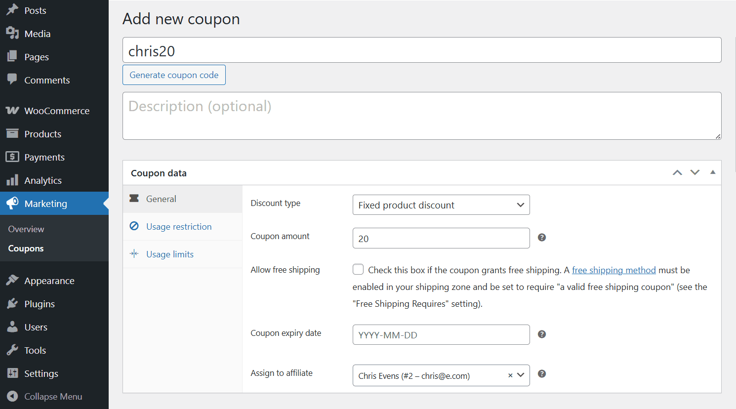 assign WooCommerce affiliate coupons