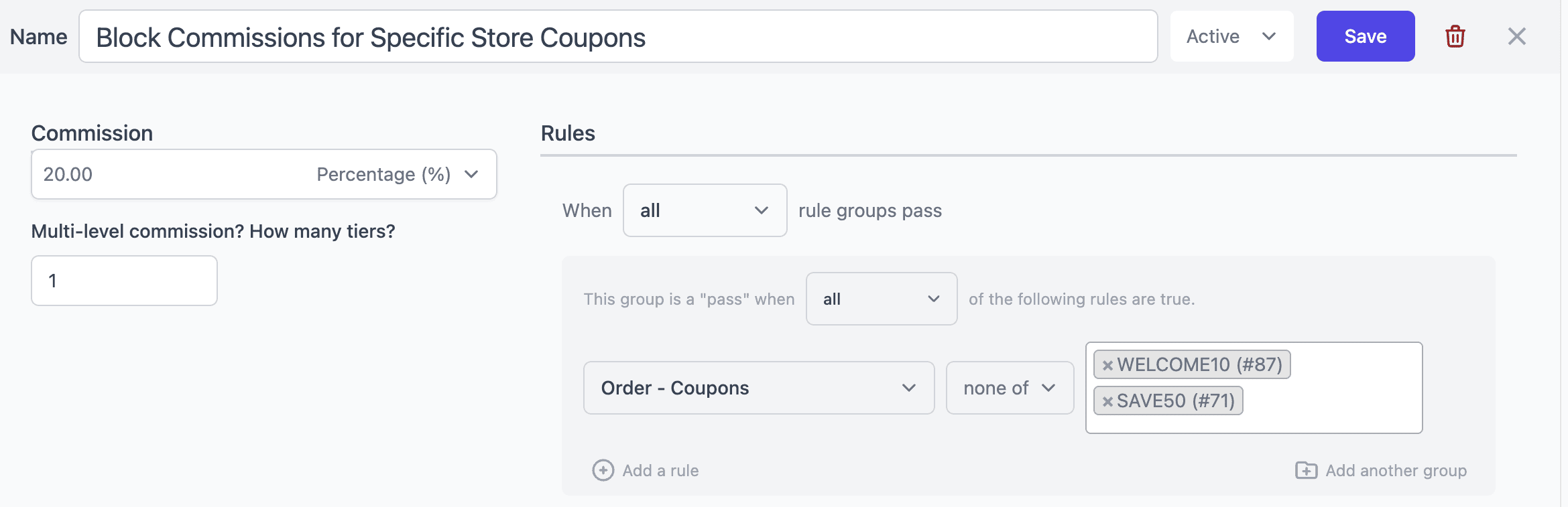 Exclude affiliate commission store coupon