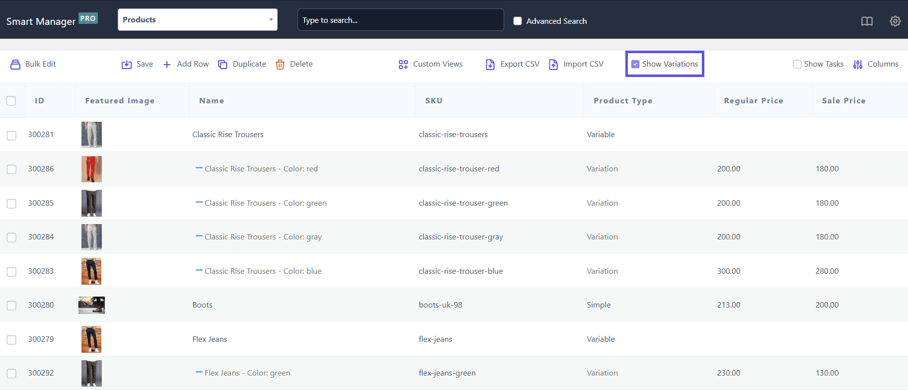 Manage WooCommerce Product Variations