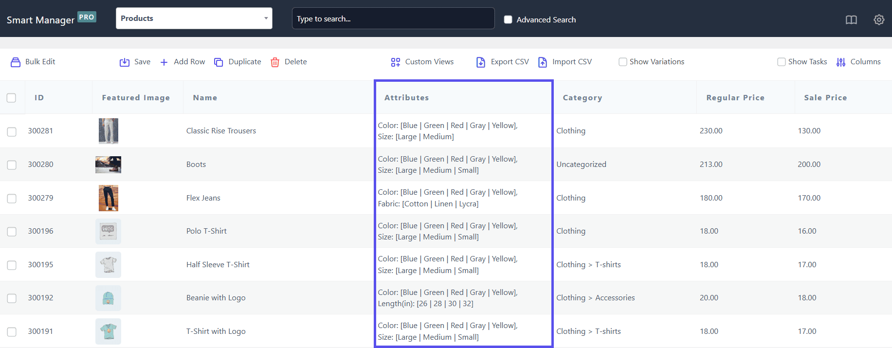 smart manager bu product attributes grid view