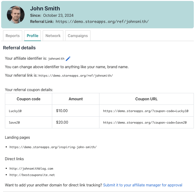 direct links in affiliate profile