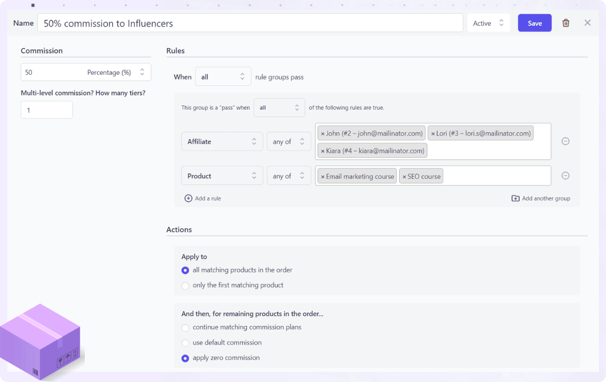 custom commission rules for specific product and affiliates