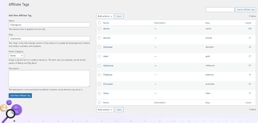 affiliate tags groups search filters