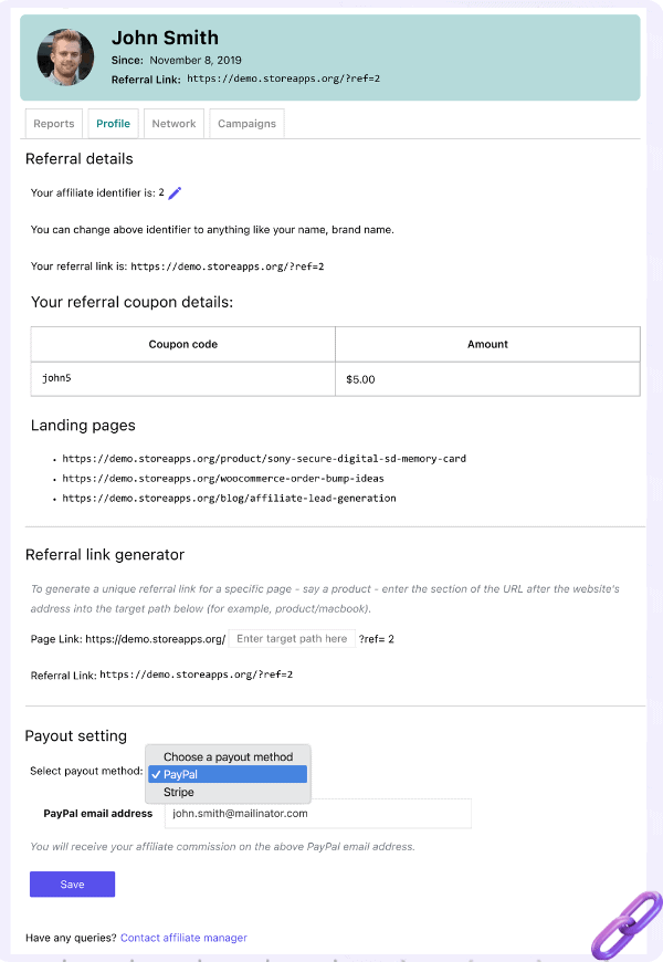 affiliate profile coupon code referral link landing pages and other details