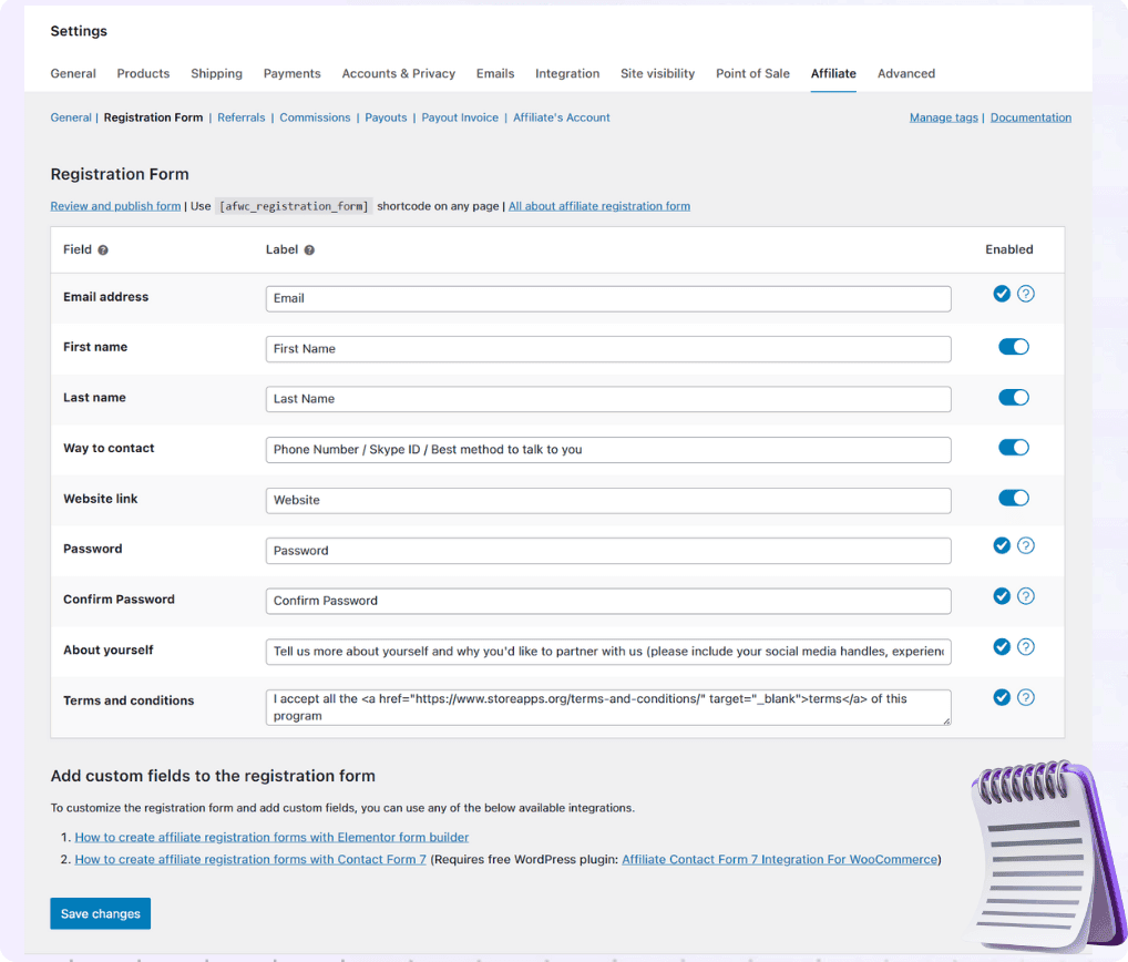 affiliate for woocommerce registration form