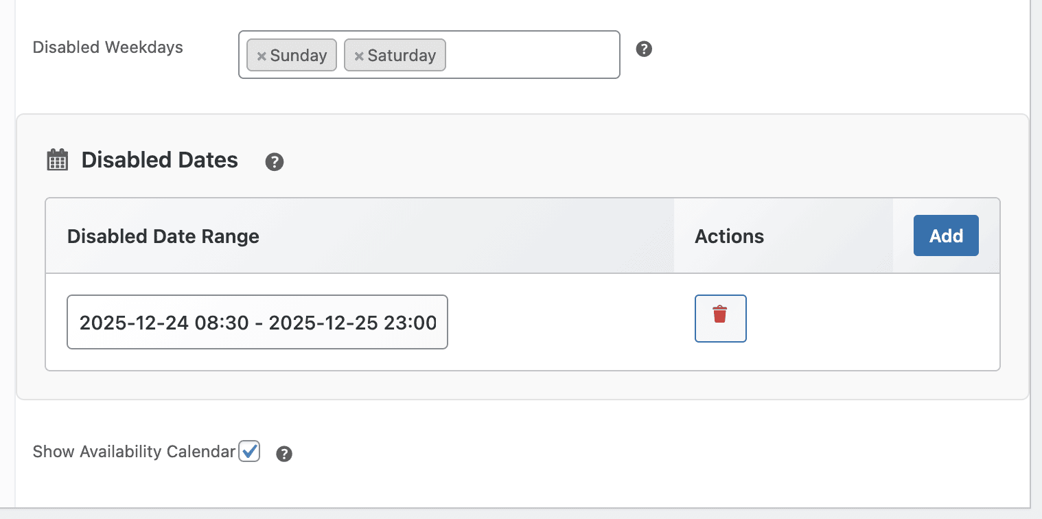 disable bookings on calendar
