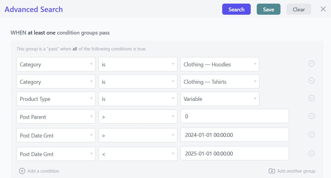 Smart Manager advanced search filters for export product categories