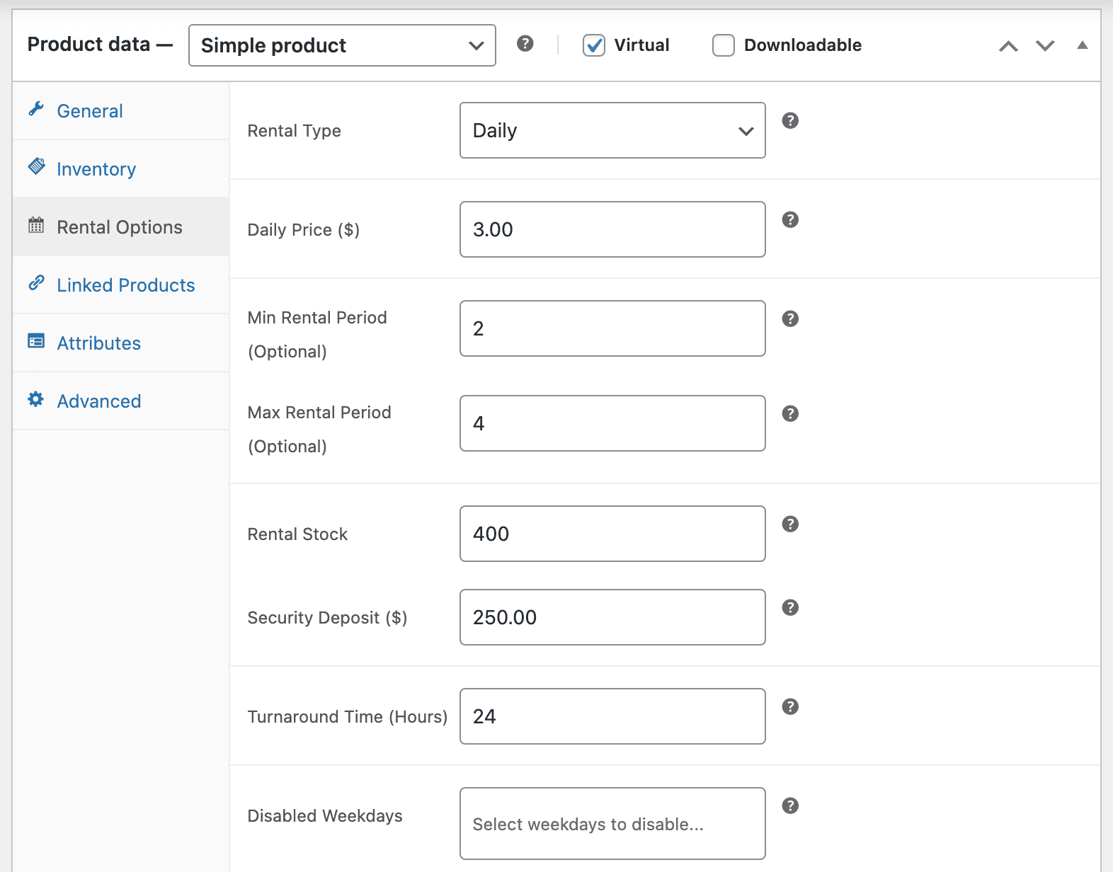 configure party rental product
