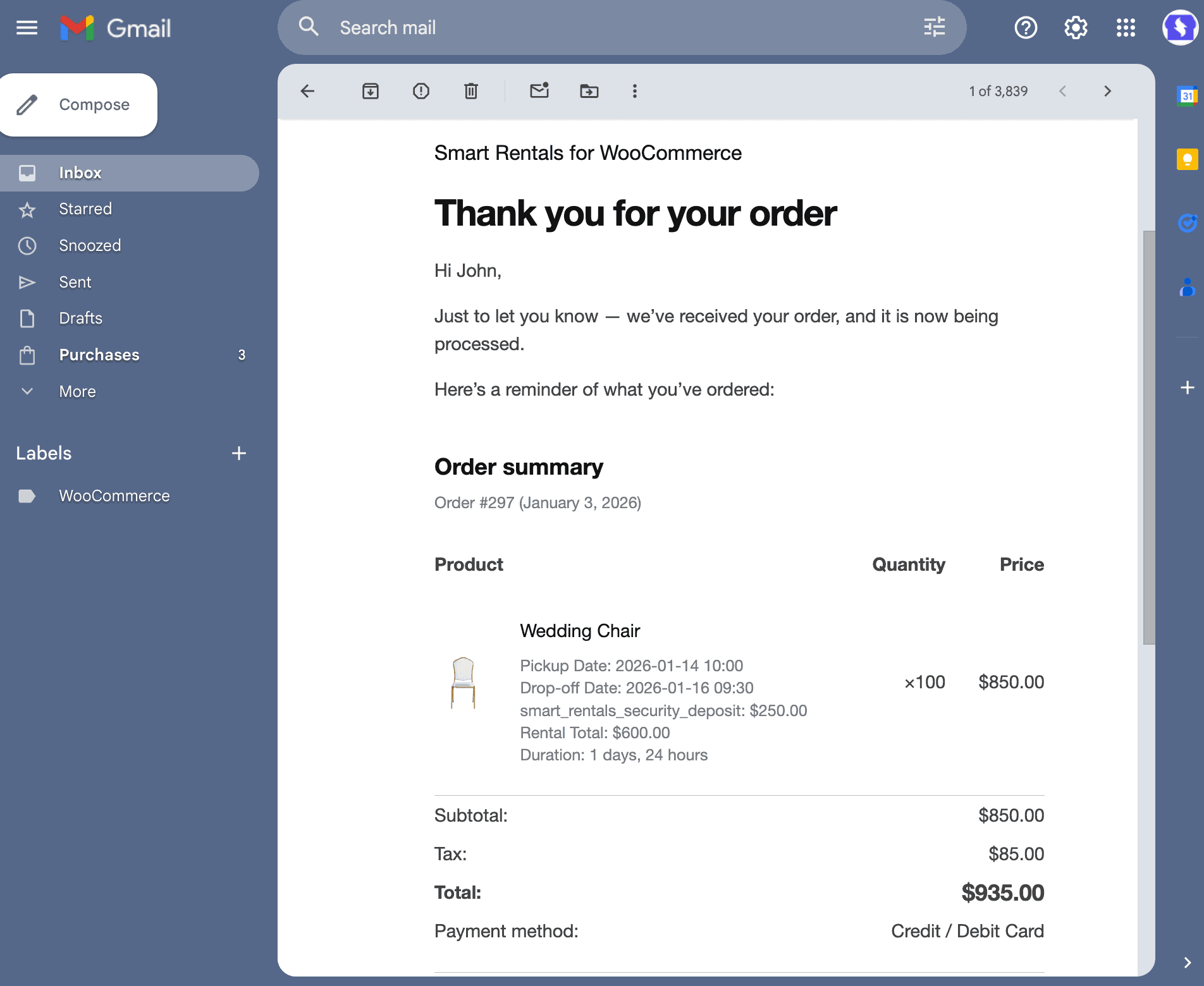 party rentals order placed email