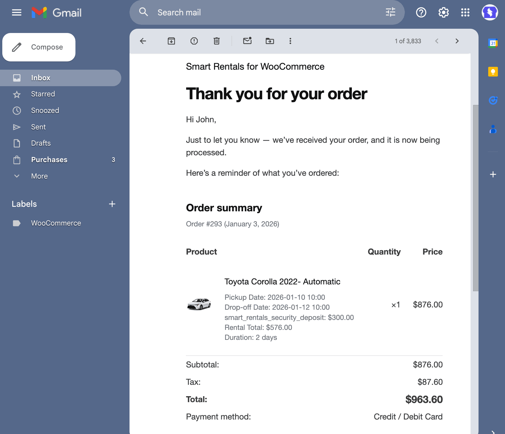 customer notified about their rental booking via email