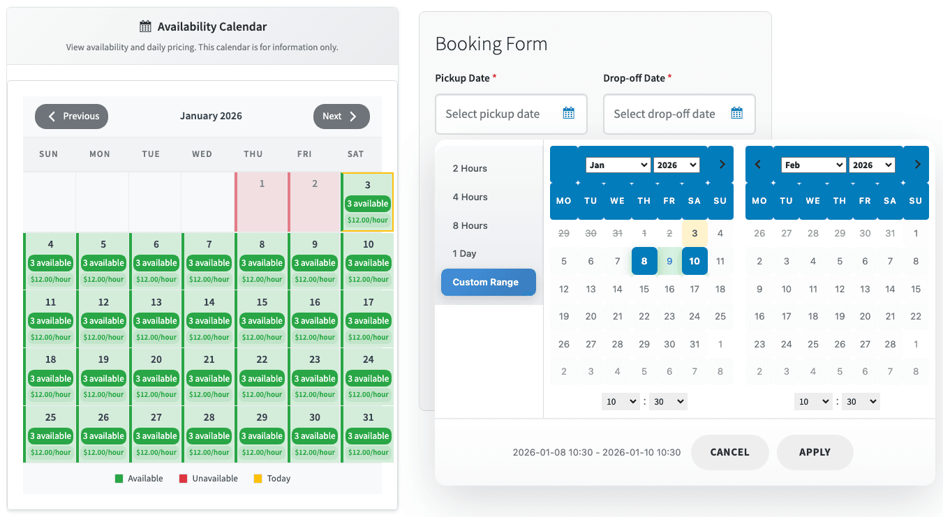 customer selects date for vehicle rental
