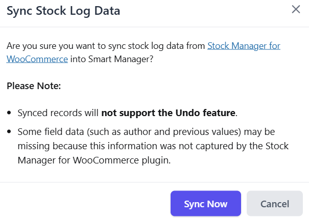 smart manager sync stock log data modal