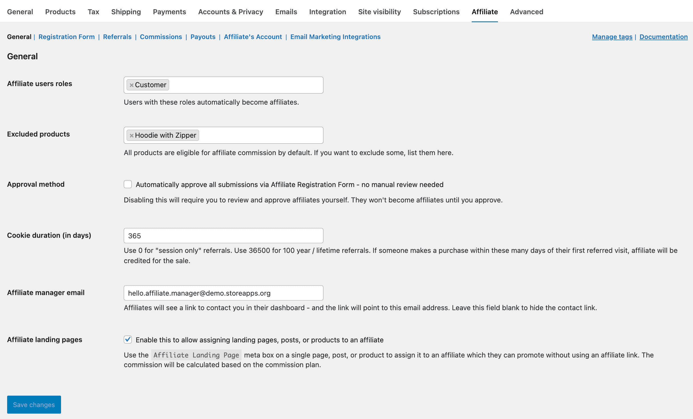Affiliate for WooCommerce settings