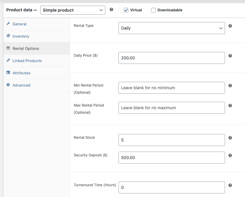 Smart Rentals options in products