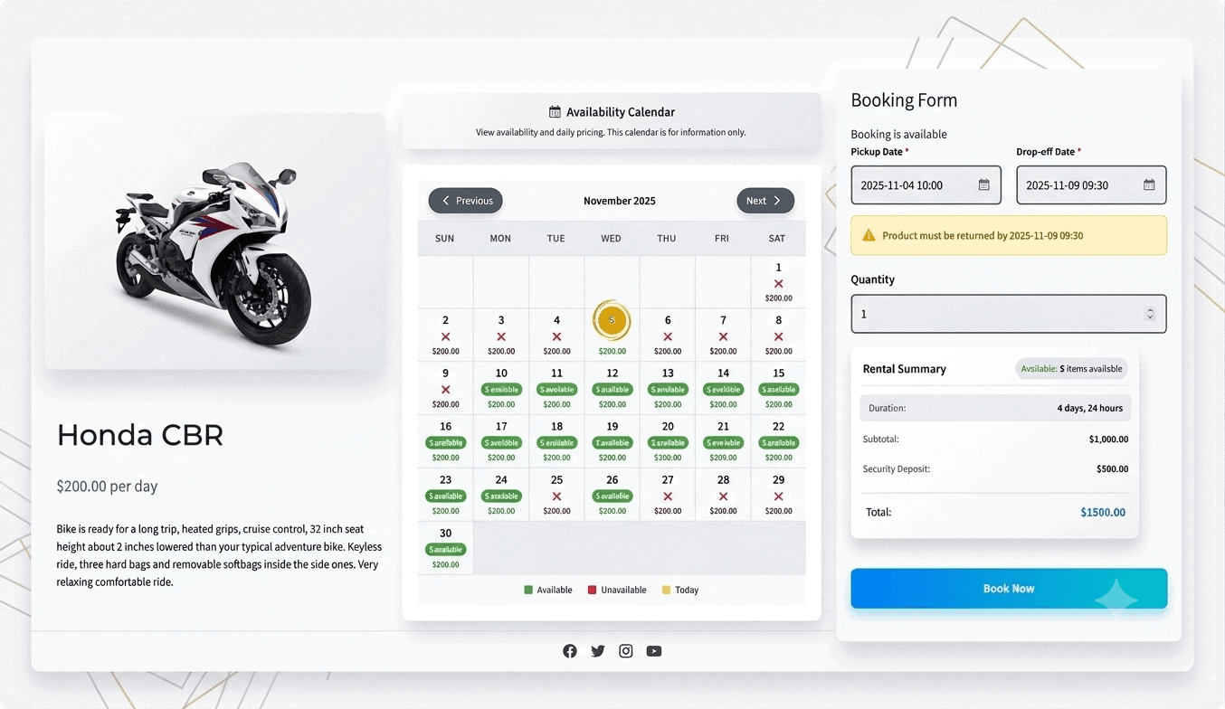 Smart Rentals and Booking Plugin for WooCommerce — live availability calendar on product page