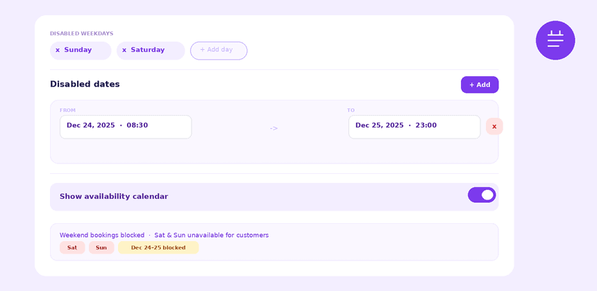 WooCommerce rental plugin — disable specific weekdays and custom date ranges on the availability calendar to block bookings automatically