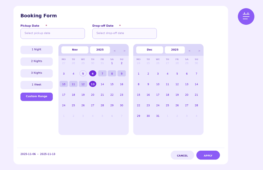WooCommerce rental plugin date picker showing pickup and drop-off dates with automatic turnaround buffer blocked between bookings