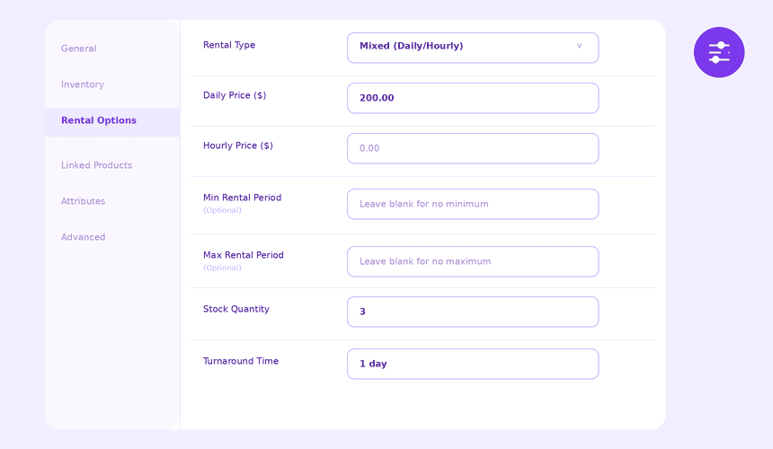 WooCommerce rental plugin admin settings — configure hourly, daily or mixed pricing with minimum rental period, stock quantity and turnaround time per product
