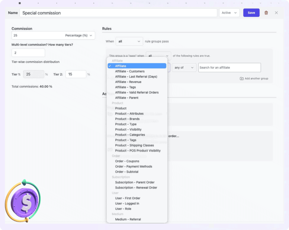 Affiliate for WooCommerce commission rules overview