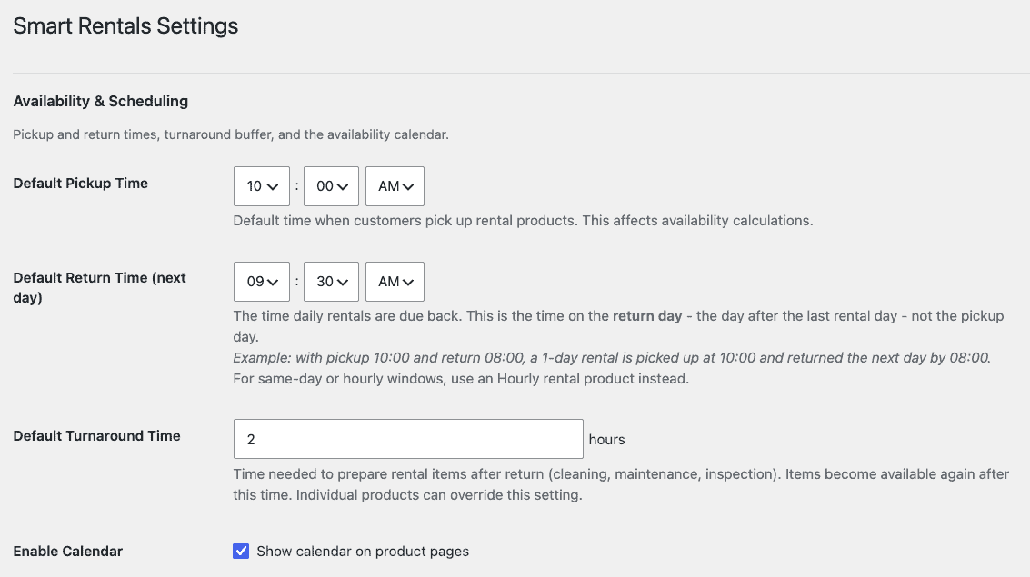 Smart Rentals - Availability and Scheduling settings